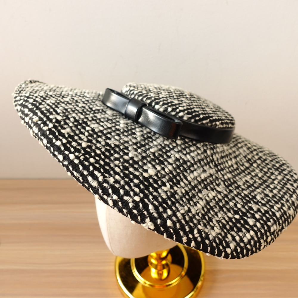 Vintage Kentucky Derby Hat Black Cream Saucer Disk Tweed Buckle Bow 40s MOD